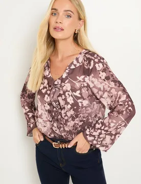 Women's Petite Floral Ruffle Detail V Neck Blouse in Brown Size: 20 - Brown - Size: 20 - Wallis - FashionsVida
