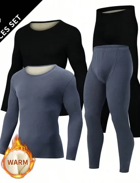 Conjunto de 4 piezas de ropa interior térmica de moda para hombres, calzoncillos largos de otoño/invierno, conjunto de ropa térmica de cuello redon - Shein - FashionsVida