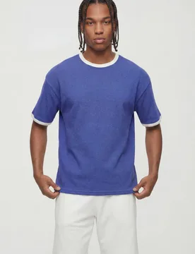 Herren Übergroßes Waffel-Ringer-Oberteil Blue Größe Large - boohooMAN - FashionsVida