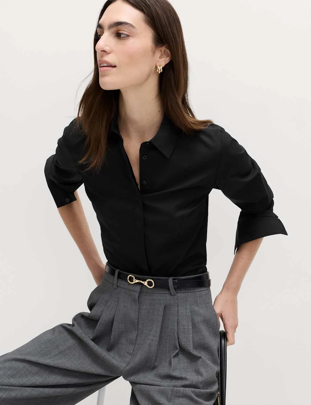 Cotton Rich Collared Fitted Shirt Black female - M&S - FashionsVida