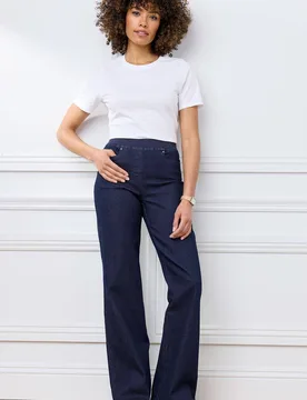 Women's Premium Pull On Wide Leg Jeans in Dark Navy Size: 10R - Dark Navy - Size: 10R - Cotton Traders - FashionsVida