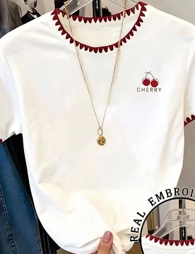 Camiseta de manga corta con estampado de cereza y ribete de contraste para adolescentes, casual y para uso diario, verano - Shein - FashionsVida