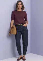 Kurzarm Pullover mit Rundhals in Unifarbe female Rot