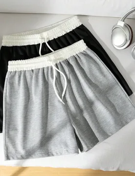 Conjunto de 2 piezas para adolescentes chicas con cintura elástica cómoda, sudadera de punto minimalista de moda en negro & gris, shorts holgados ca - Shein - FashionsVida