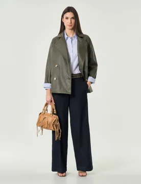 Pantaloni palazzo in denim indaco con tasche laterali in cucitura e passanti per cintura - Hlo! - FashionsVida