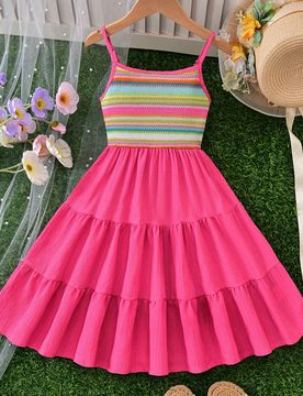 Vestido midi sin mangas de lino suave y transpirable con volantes multicapa, estampado de rayas de colores arcoíris y parches, para uso diario en pri