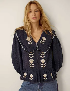 Pure Cotton Tulip Embroidered Collared Blouse Navy Mix female - Monsoon - FashionsVida