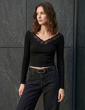 Blusa di cotone a coste con scollo in pizzo - nero