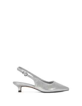 Vega' Slingback Kitten Heel Court Shoes With Pointed Toe - Silver - Size: 8 - XY London - FashionsVida
