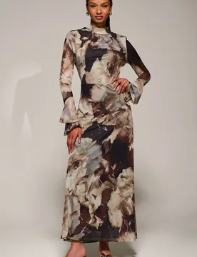 Women's Ruffle Long Sleeve Mesh Maxi Dress in Brown Size: 14 - Brown - Size: 14 - Jolie Moi - FashionsVida