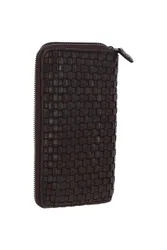 Women's Vintage Woven Leather Zip Around Large 10 Card Coin Note Purse in Dark Brown - Dark Brown - Size: One Size