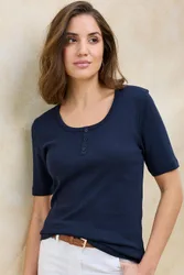 Wrinkle Free Button Neck Top - Navy - Size: 12