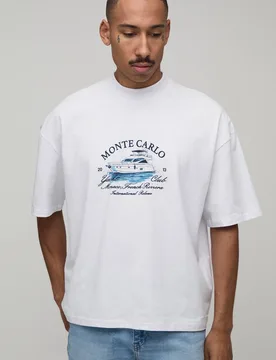 Herren Weißes Übergroßes Kastenförmiges T-Shirt Mit Monte-Carlo-Yacht-Aufdruck White Größe XL - boohooMAN - FashionsVida