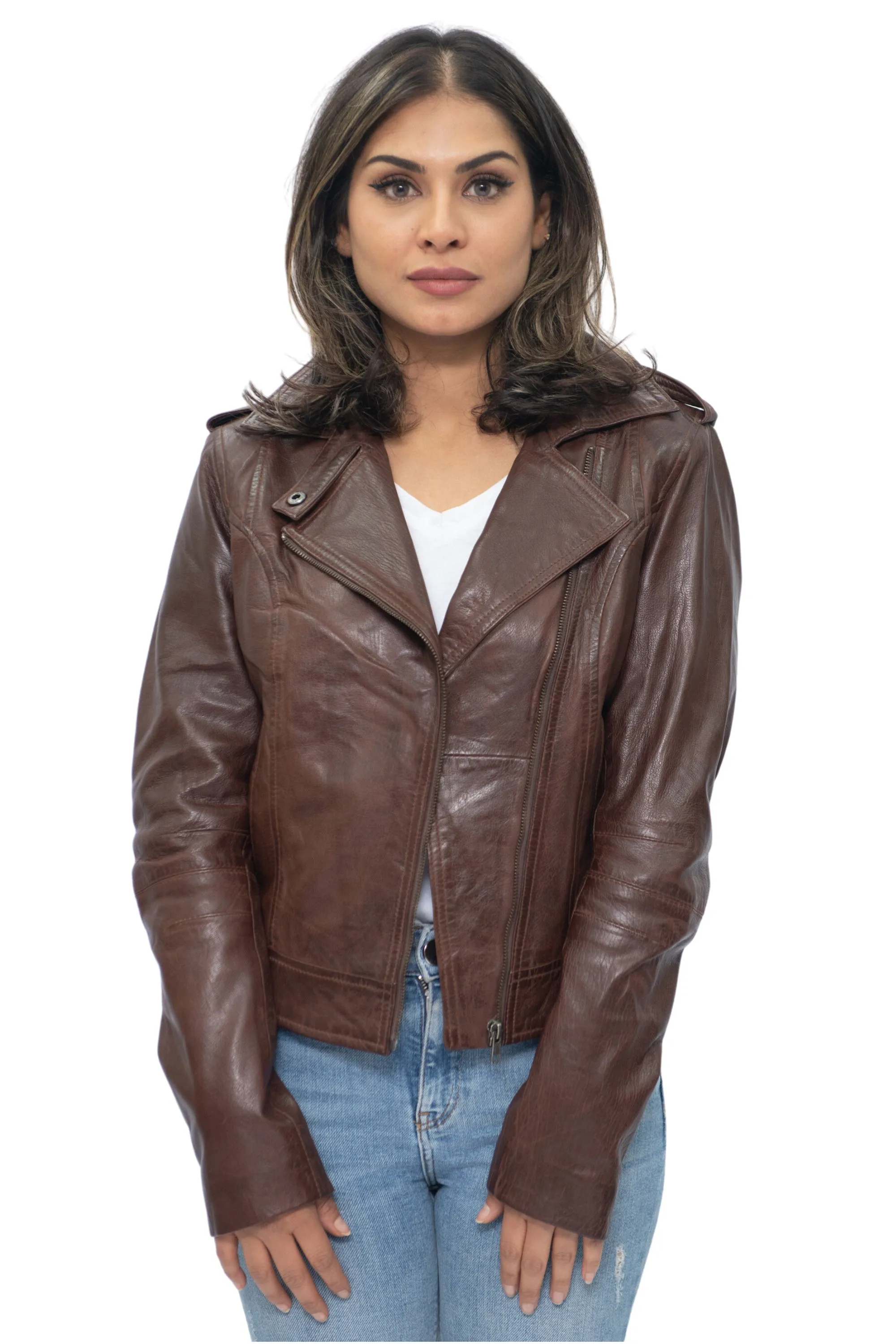 Womens Chestnut Biker Jacket-Reynosa - Brown - Size 14 Uk - Infinity Leather - FashionsVida