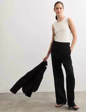 Linen Adjustable Waist Straight Leg Trousers Black female - Jaeger - FashionsVida