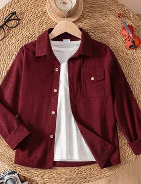 Chaqueta de pana de manga larga color borgoña de moda urbana para niños - Shein - FashionsVida