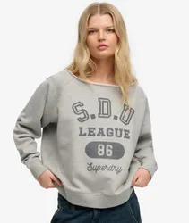 Superdry Damen Baumwolle Logo Druck Essentials Bardot-Sweatshirt, Grau