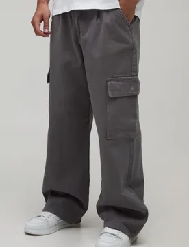 Mens Wide Fit Half & Waistband Cargo Pocket Washed Twill Trouser - Grey Cotton - Size Small - boohooMAN - FashionsVida