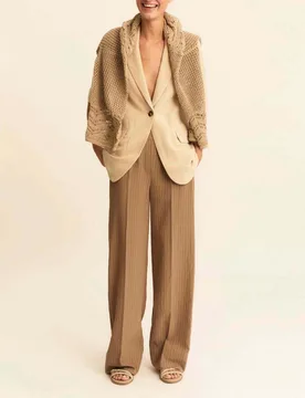 Blazer monopetto a maniche corte beige in lino e viscosa con tasche a patta e filetto - Emme Marella - FashionsVida
