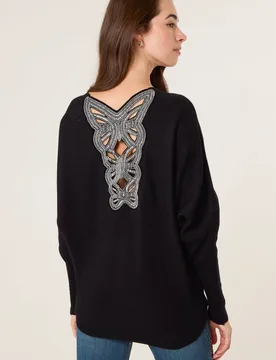 Women's Black Batwing Jumper With Back Diamante Detailing Size: Medium/Large - Black - Size: M/L - Blue Vanilla - FashionsVida