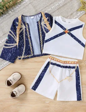 Conjunto de 3 piezas para niña joven con chaqueta, chaleco y shorts con estampado de cielo estrellado, atuendo para fiesta y actuación en escenario, - Shein - FashionsVida