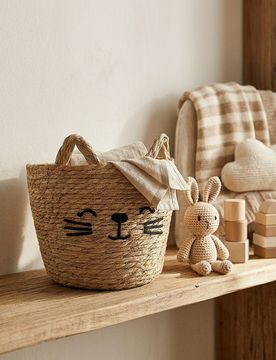 Cesto portaoggetti intrecciato con motivo gatto - beige