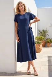 Side Tie Detail Midi Dress - Navy - Size: 14