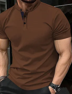 Camisa polo casual de manga corta con cuello de botones y panel frontal de unicolor para hombre, formal - Shein - FashionsVida