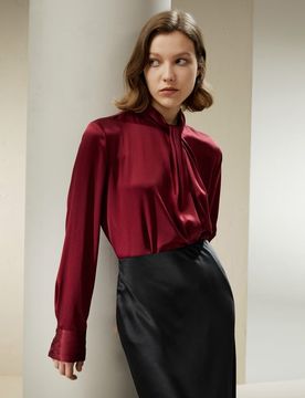 Bluse Eleganti In Seta Rosso Raso Stropicciato, Camicia Slip-On 100% Seta Naturale Look Elegante E Sofisticato 40
