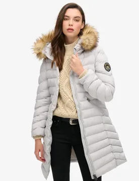 Superdry Damen Hellgrau Mittellange Fuji Steppjacke mit Kapuze aus Kunstfell, Größe: 38 - 149.99 - FashionsVida