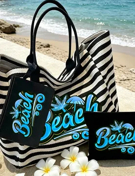 Set de 2 piezas de bolso tote con estampado de letras de playa a rayas blanco & negro, bolso de mano de lona de gran capacidad + neceser a juego, impe - Shein - FashionsVida