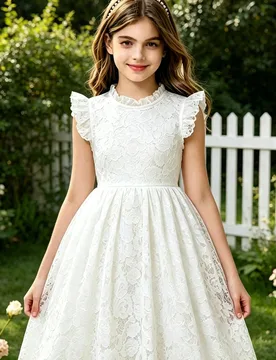 Vestido blanco de encaje con cuello redondo y manga corta, cintura texturizada para niñas. Vestido de encaje blanco para niñas en primavera/verano, - Shein - FashionsVida
