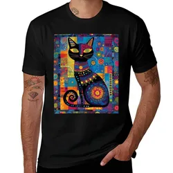 Cleo - Colorful Patchwork Cat T-Shirt Basic Plain Short Sleeve Crew Neck Tee T-Shirt