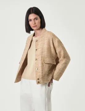 Bomber beige in stuoia di misto cotone con inserto in lurex con colletto a listino - Hlo! - FashionsVida