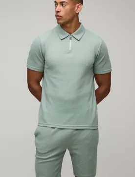 Men's Slim Fit Waffle Zip Neck Polo & Shorts Set Dusty Green Size Large Dusty Green L - boohooMAN - FashionsVida