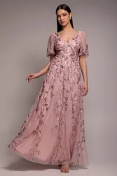 Flared Sleeve Embroidered Maxi Dress - Light Pink - Size: 18