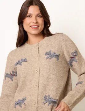 Dog Button Down Cardigan With Bows - S / STONE - female - Blue Vanilla - FashionsVida