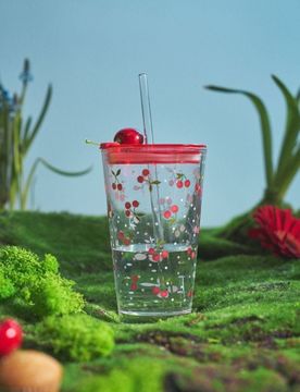 Tazza con coperchio e cannuccia con motivo ciliegie - rosso