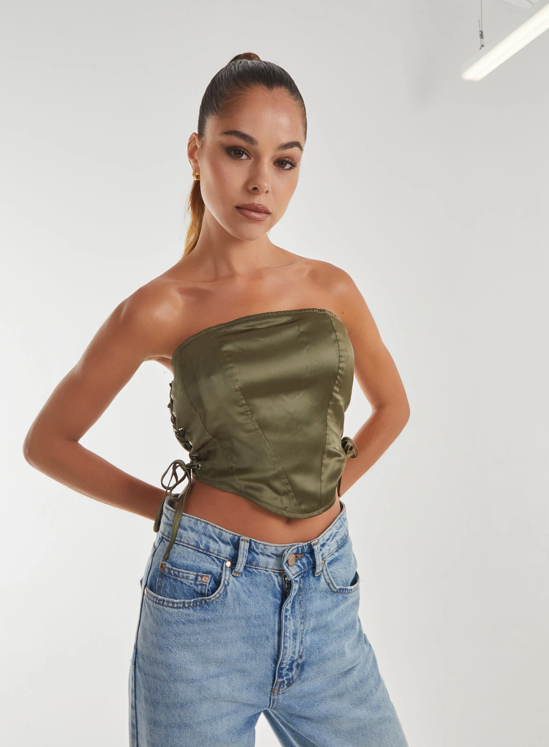 Womens Lace Up Corset Top - Khaki - Size Small - Pink Vanilla - FashionsVida