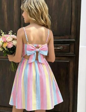 Vestido de tirantes finos para niñas preadolescentes, estampado a cuadros azul & blanco + estampado de cerezas, fresco y alegre, tirantes finos + dis