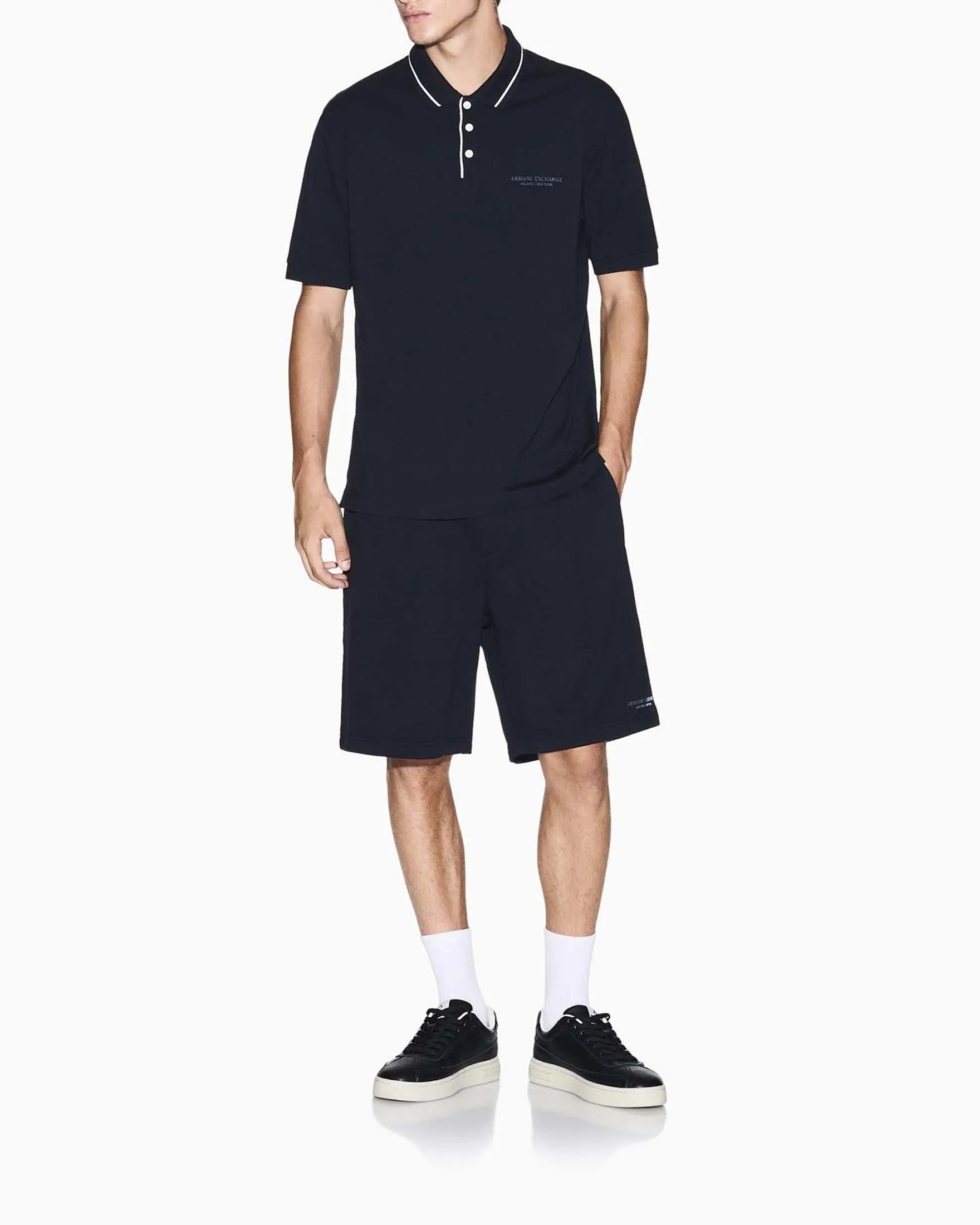Polo Exchange blu in cotone stretch con piping a contrasto - Armani - FashionsVida