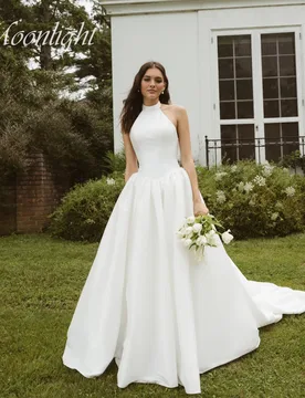 Simple Pleat Halter A-Line Wedding Dress Sleeveless 2026 Backless Sweep Train Buttons Bridal Gown Vestidos De Novia Customized - Aliexpress - FashionsVida