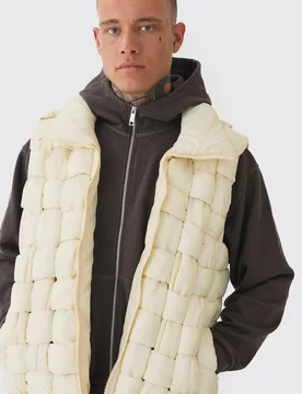 Men's Tall Boxy Fit Hand Weft Padded Gilet In Stone Size Medium Stone M - boohooMAN - FashionsVida