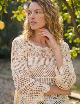 Women's Crochet Knit Flared Sleeve Top in Natural Size: 12 - Natural - Size: 12 - Roman - FashionsVida