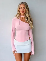 Inclined Collar Pink T Shirts For Women Clothes Long Sleeve Y2k Top Lace-Up Aesthetic Tee Slim Fit Ropa De Mujer Sexy Streetwear