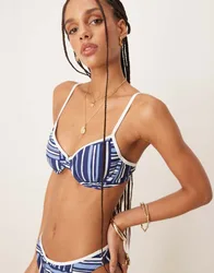 Womens Contrast Trim Underwire Bikini Top Co-Ord In Blue Stripe Print - Multicolour - Size Small