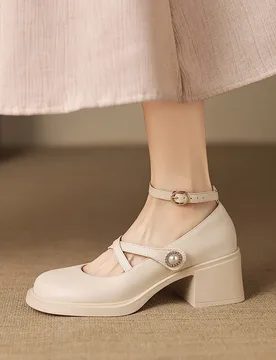 Spring/Summer Cross Style Retro Buckle Sandals Round Head Middle Heel Casual and Comfortable Women's Elegant High Heels - Aliexpress - FashionsVida