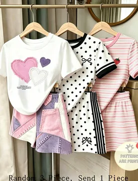 Conjunto casual de verano para niñas de 2 piezas/3 piezas, enviado al azar, camiseta con estampado de patchwork de corazón de denim falso rosa/blanc - Shein - FashionsVida