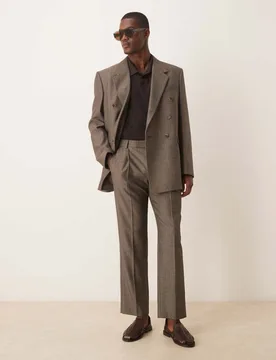 Mens Wool Look Straight Leg Suit Trousers In Brown Herringbone - Charcoal - Size 32w/34l - ASOS DESIGN - FashionsVida