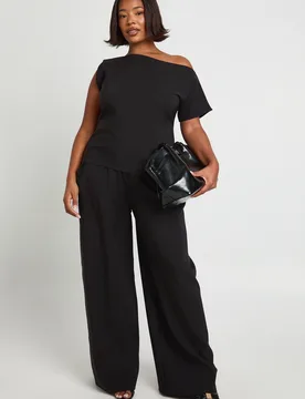 Womens Plus Asymmetrical Off The Shoulder Top And Pleated Waist Wide Leg Trouser - Black Cotton - Size 24 Uk - Boohoo - FashionsVida